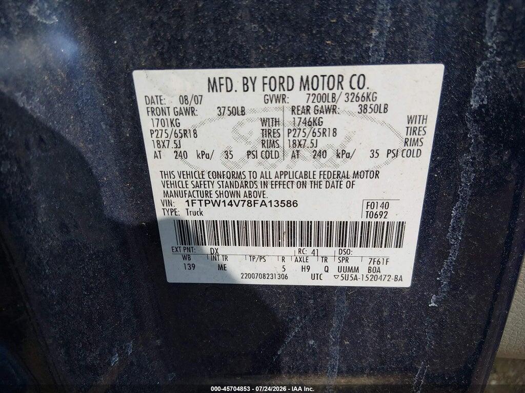 1FTPW14V78FA13586 2008 FORD F-150 photo no. 9
