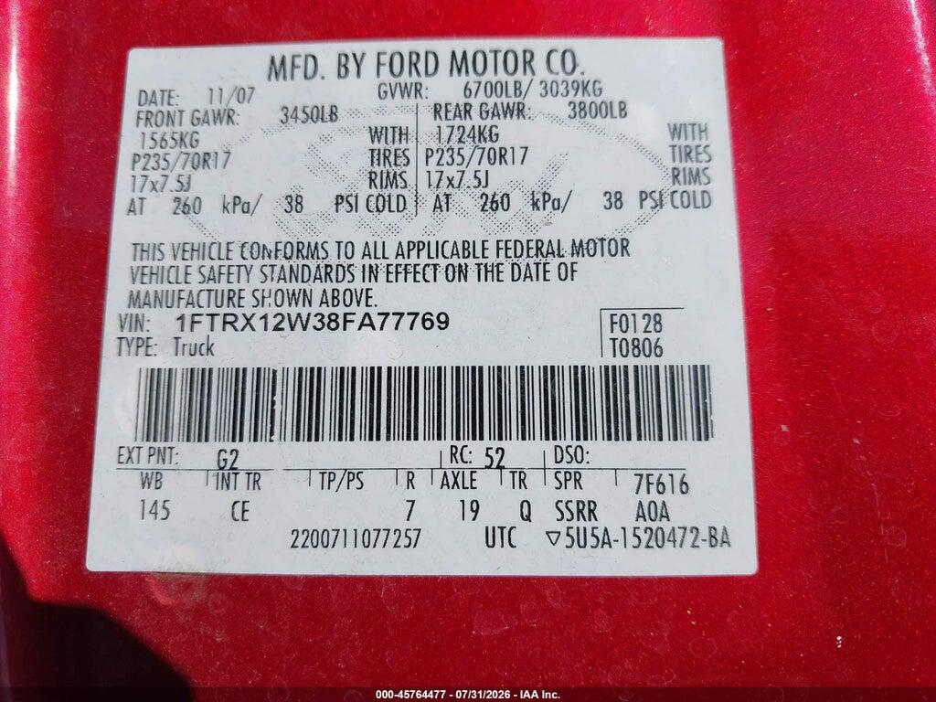 1FTRX12W38FA77769 2008 FORD F-150 photo no. 9