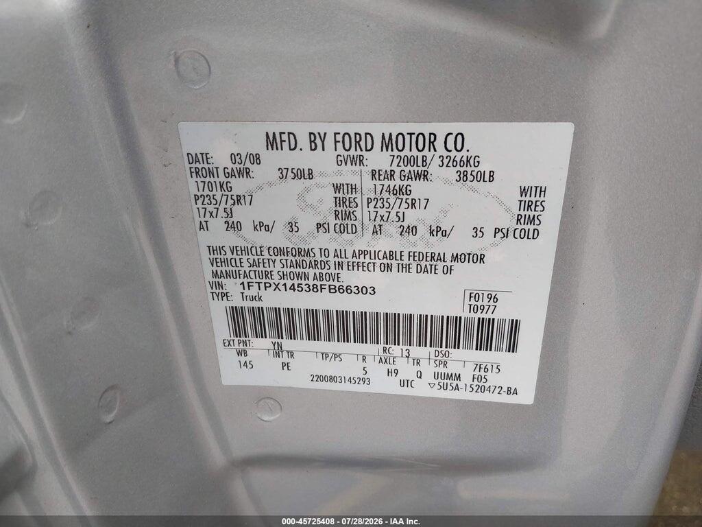 1FTPX14538FB66303 2008 FORD F-150 photo no. 9