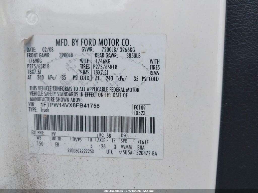 1FTPW14VX8FB41756 2008 FORD F-150 photo no. 9