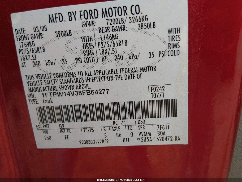 1FTPW14V38FB64277 2008 FORD F-150 photo no. 9