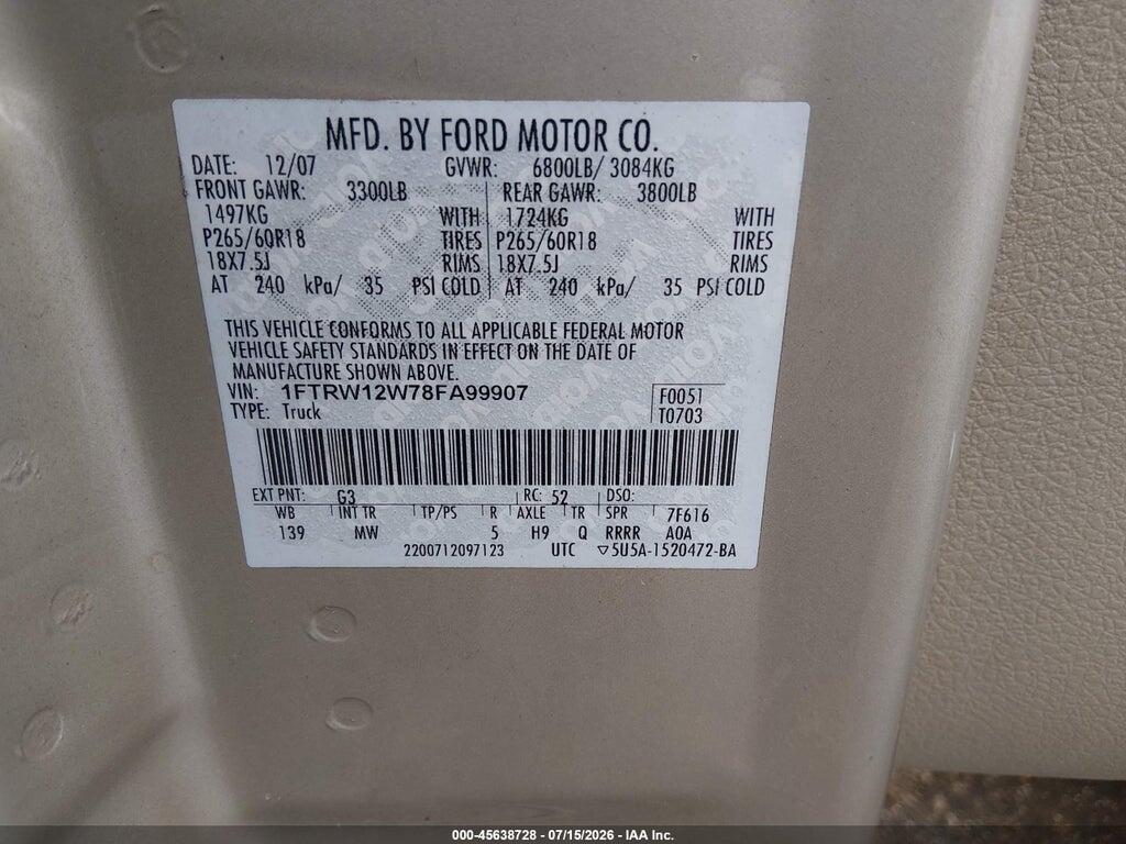 1FTRW12W78FA99907 2008 FORD F-150 photo no. 9