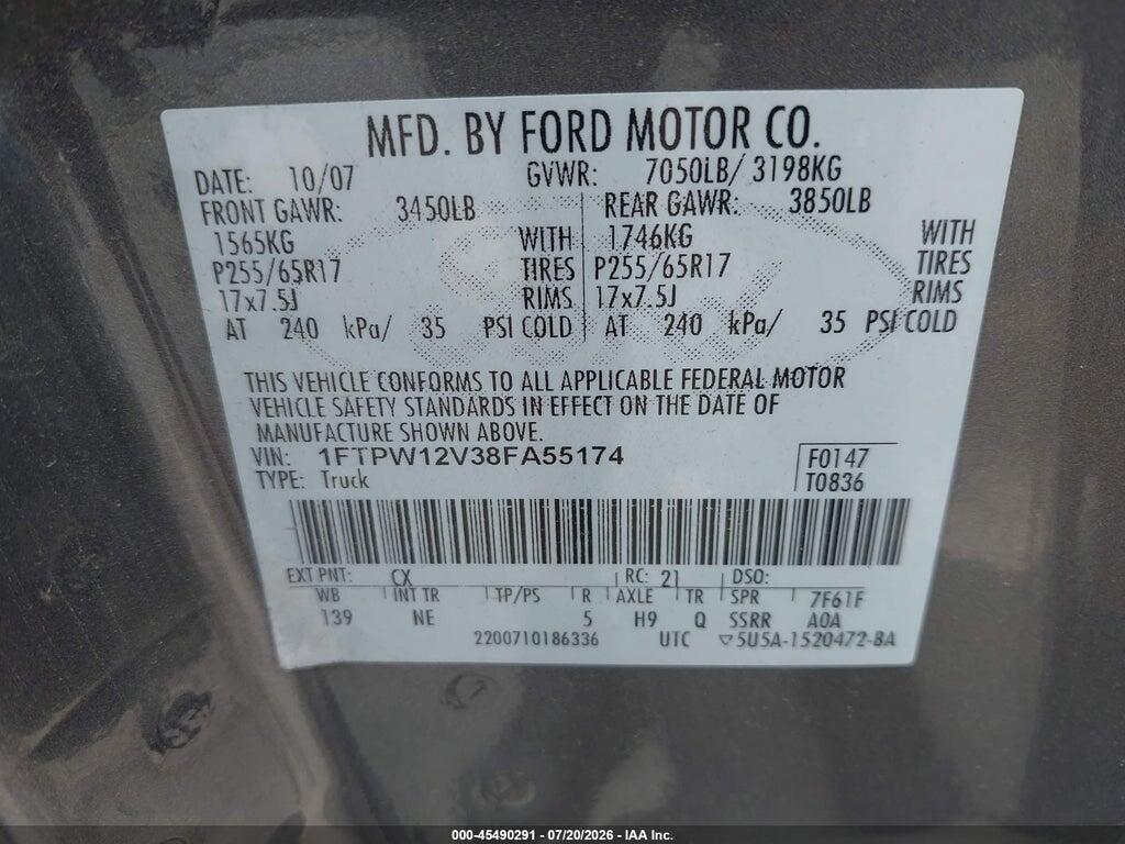 1FTPW12V38FA55174 2008 FORD F-150 photo no. 9