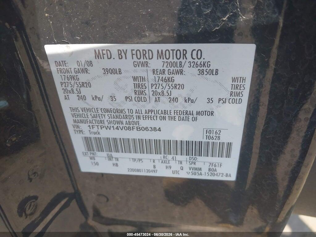 1FTPW14V08FB06384 2008 FORD F-150 photo no. 9