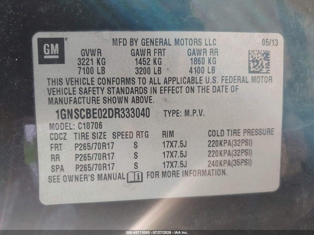 1GNSCBE02DR333040 2013 CHEVROLET TAHOE photo no. 9