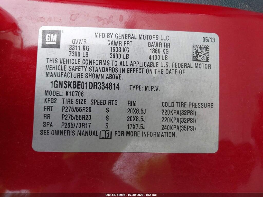 1GNSKBE01DR334814 2013 CHEVROLET TAHOE photo no. 9