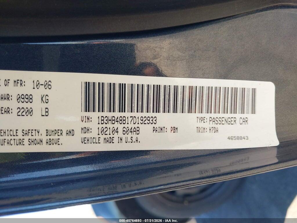 1B3HB48B17D192933 2007 DODGE CALIBER photo no. 9