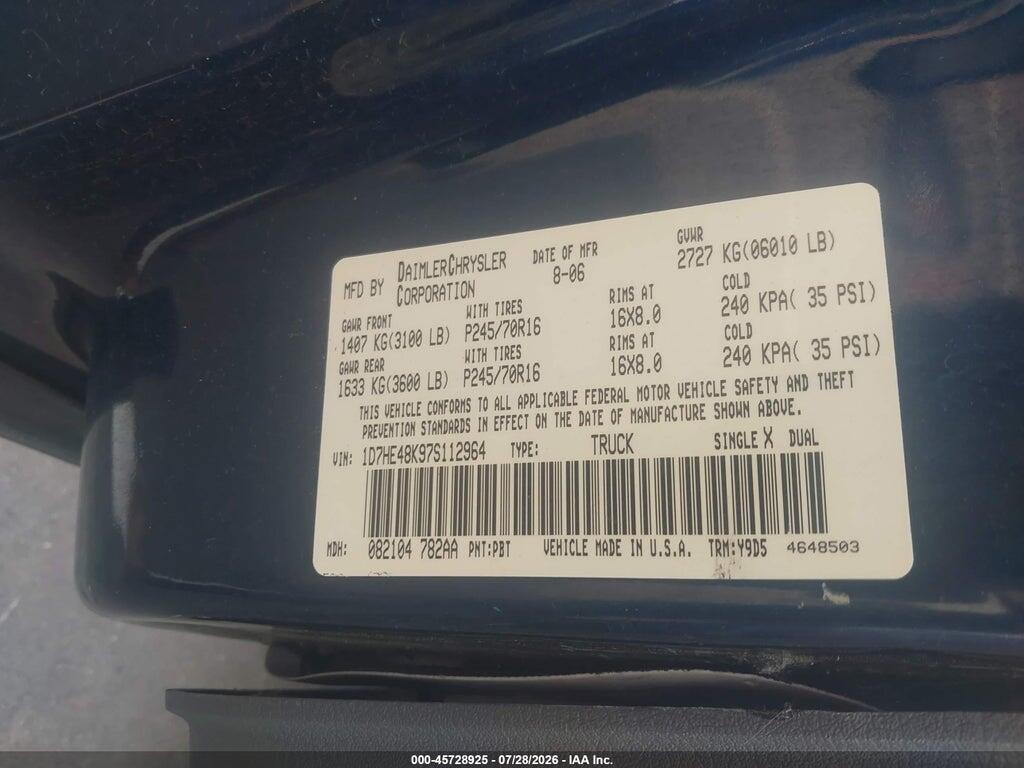 1D7HE48K97S112964 2007 DODGE DAKOTA photo no. 9