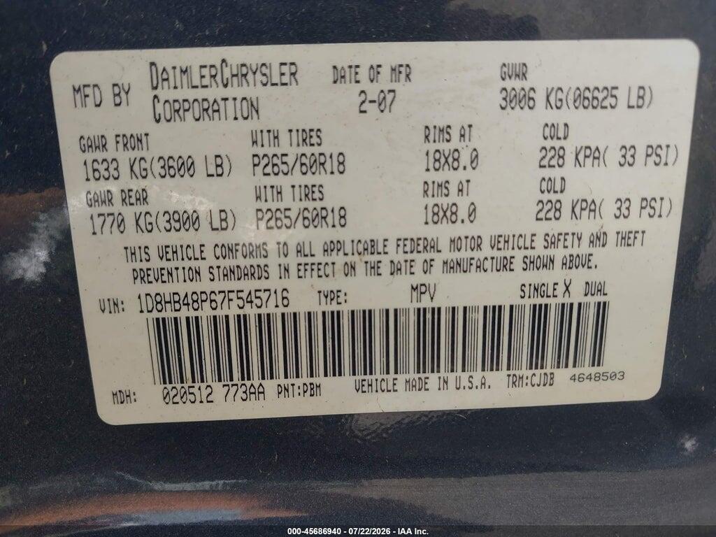 1D8HB48P67F545716 2007 DODGE DURANGO photo no. 9