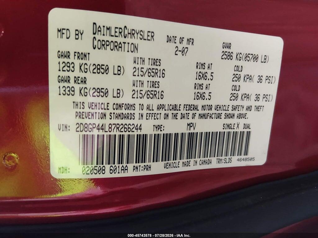 2D8GP44L87R266244 2007 DODGE GRAND CARAVAN photo no. 9