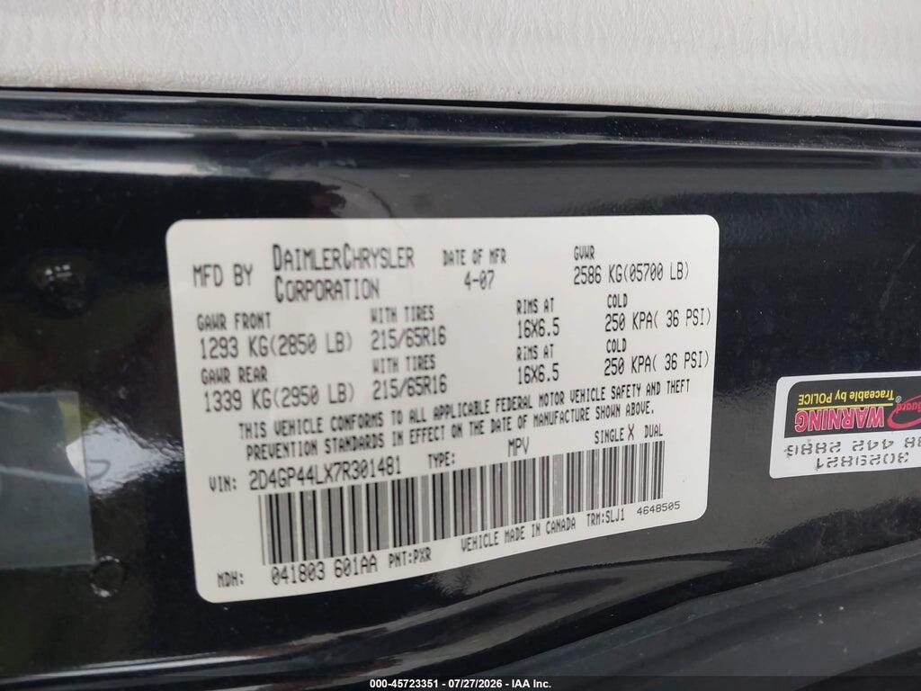 2D4GP44LX7R301481 2007 DODGE GRAND CARAVAN photo no. 9