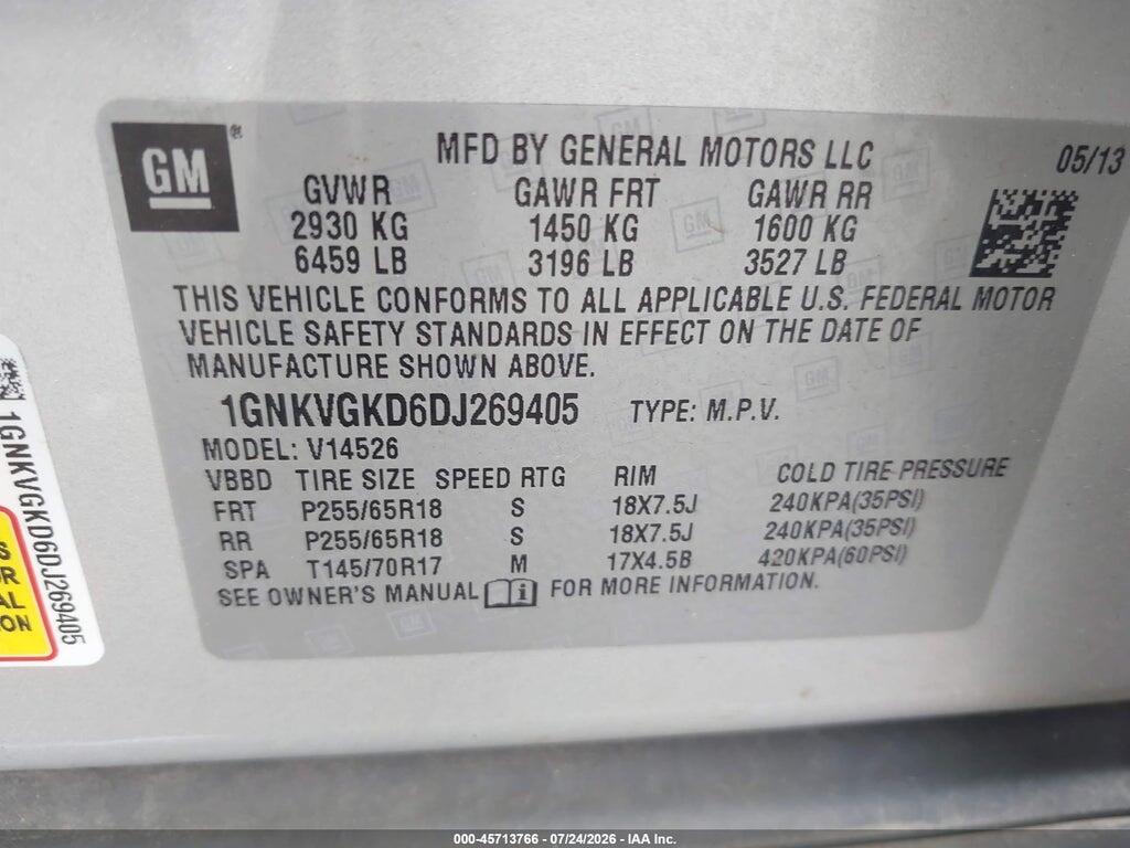 1GNKVGKD6DJ269405 2013 CHEVROLET TRAVERSE photo no. 9