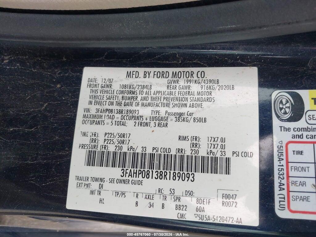 3FAHP08138R189093 2008 FORD FUSION photo no. 9