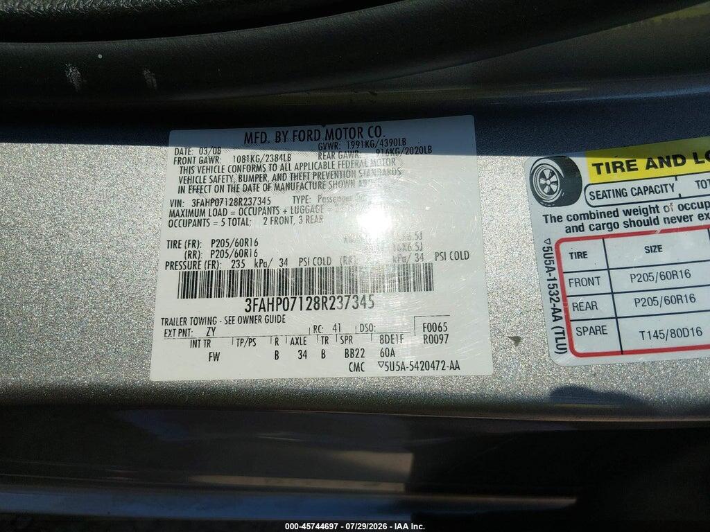 3FAHP07128R237345 2008 FORD FUSION photo no. 9