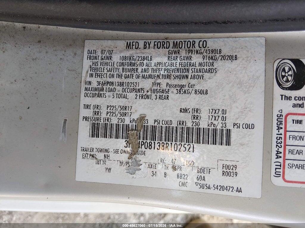 3FAHP08138R102521 2008 FORD FUSION photo no. 9