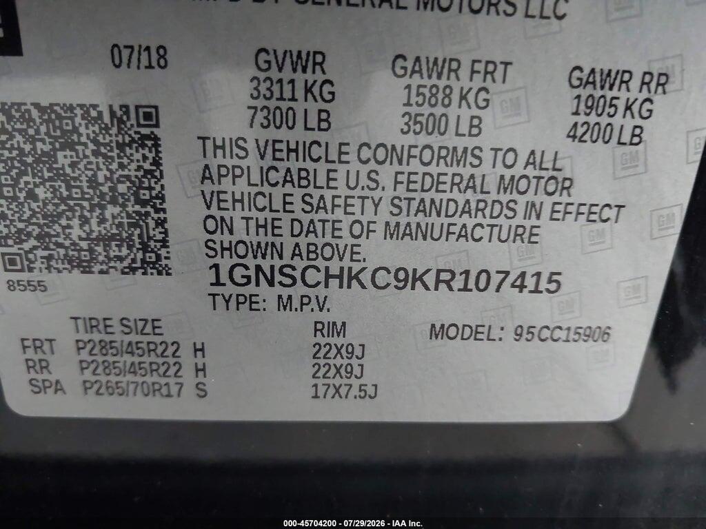 1GNSCHKC9KR107415 2019 CHEVROLET SUBURBAN photo no. 9