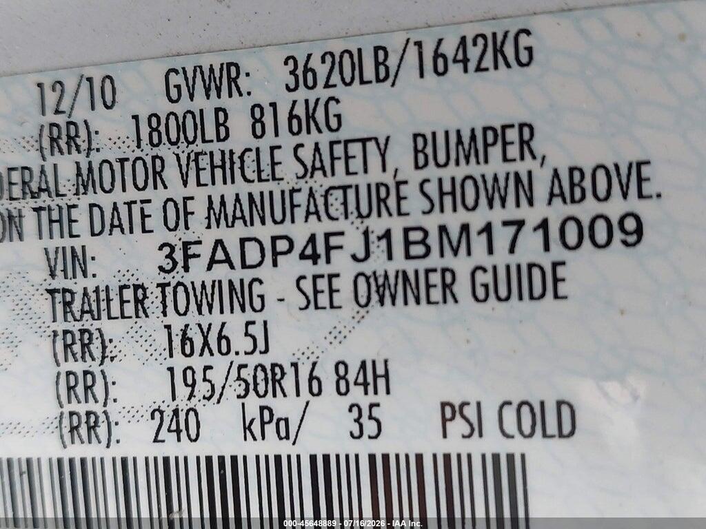 3FADP4FJ1BM171009 2011 FORD FIESTA photo no. 9