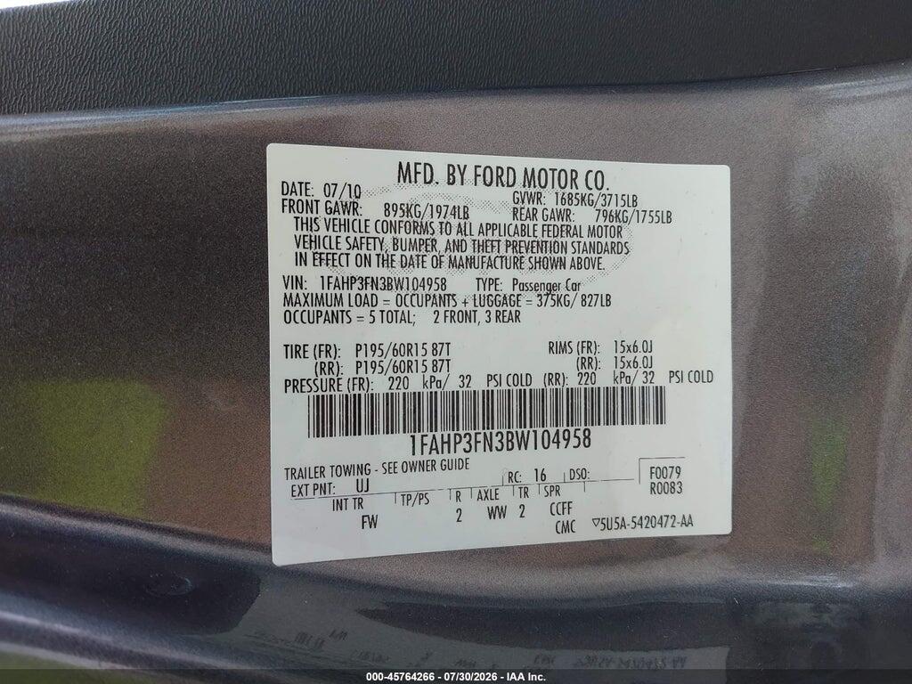 1FAHP3FN3BW104958 2011 FORD FOCUS photo no. 9