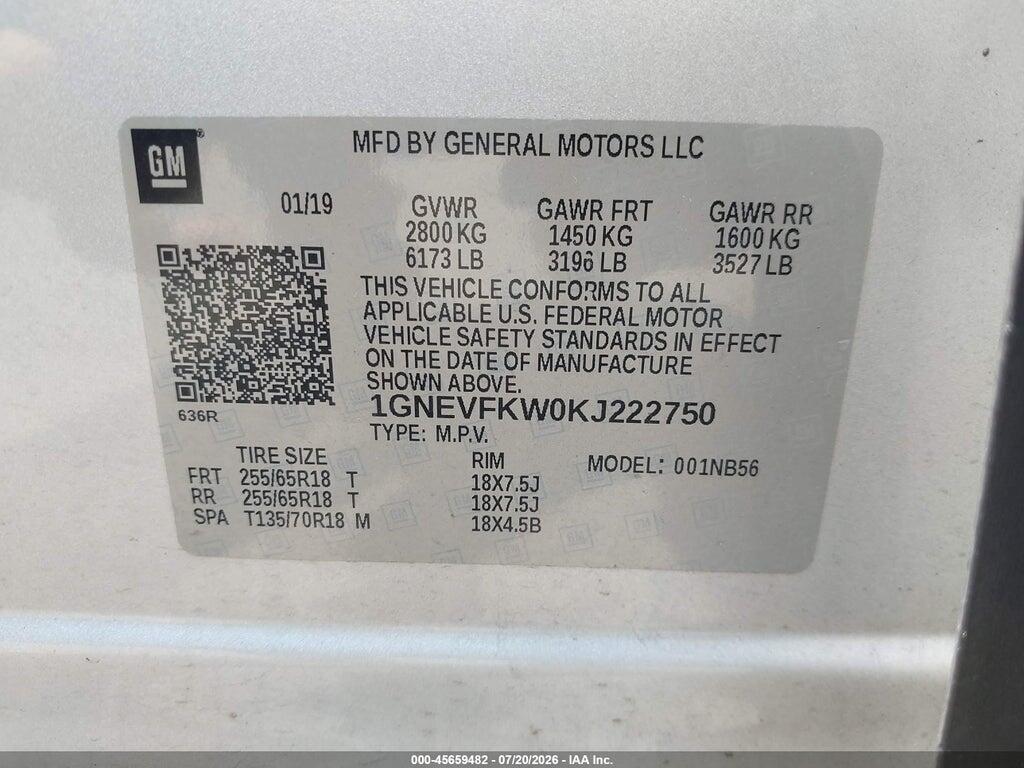 1GNEVFKW0KJ222750 2019 CHEVROLET TRAVERSE photo no. 9