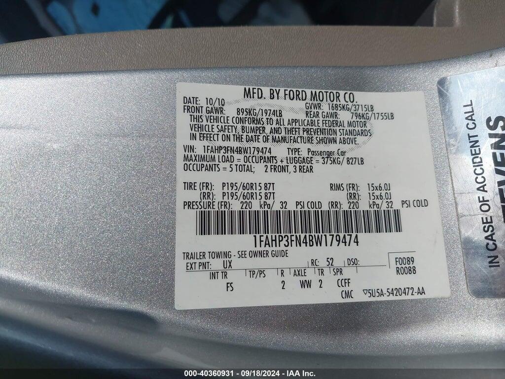 1FAHP3FN4BW179474 2011 FORD FOCUS photo no. 9