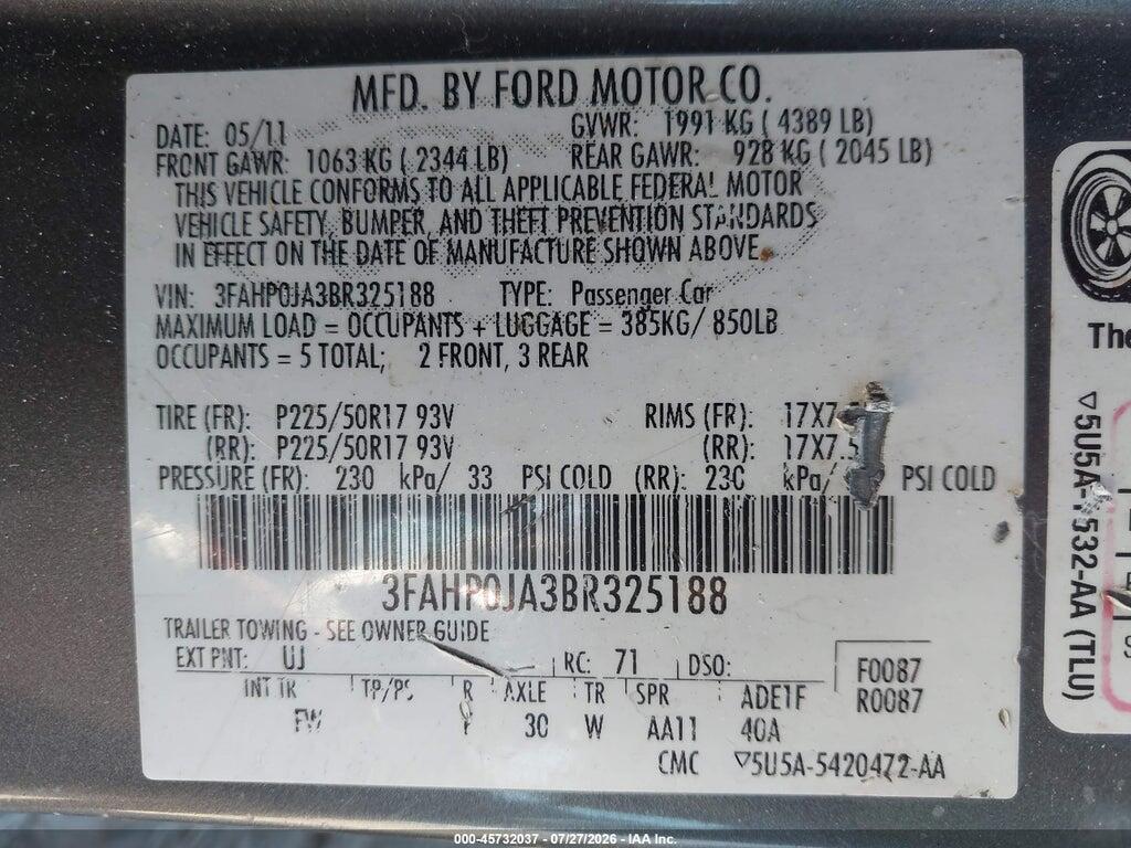 3FAHP0JA3BR325188 2011 FORD FUSION photo no. 9