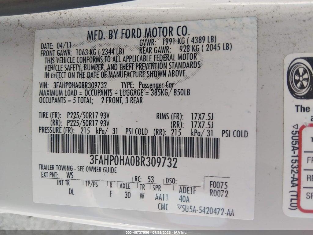 3FAHP0HA0BR309732 2011 FORD FUSION photo no. 9