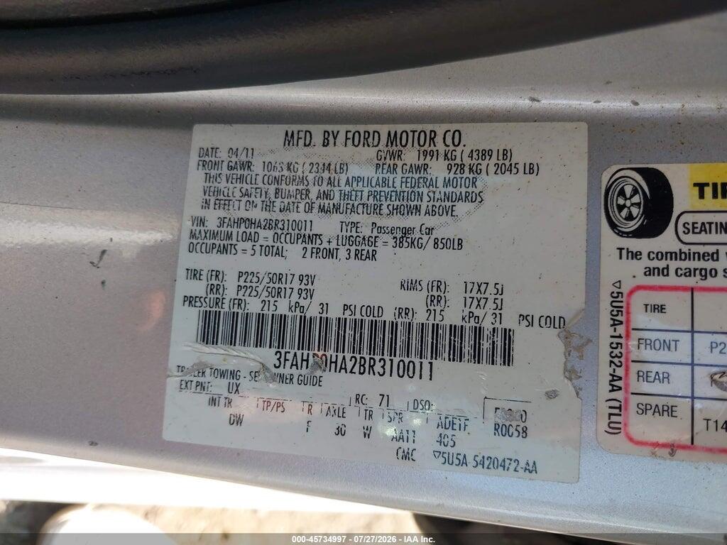 3FAHP0HA2BR310011 2011 FORD FUSION photo no. 9