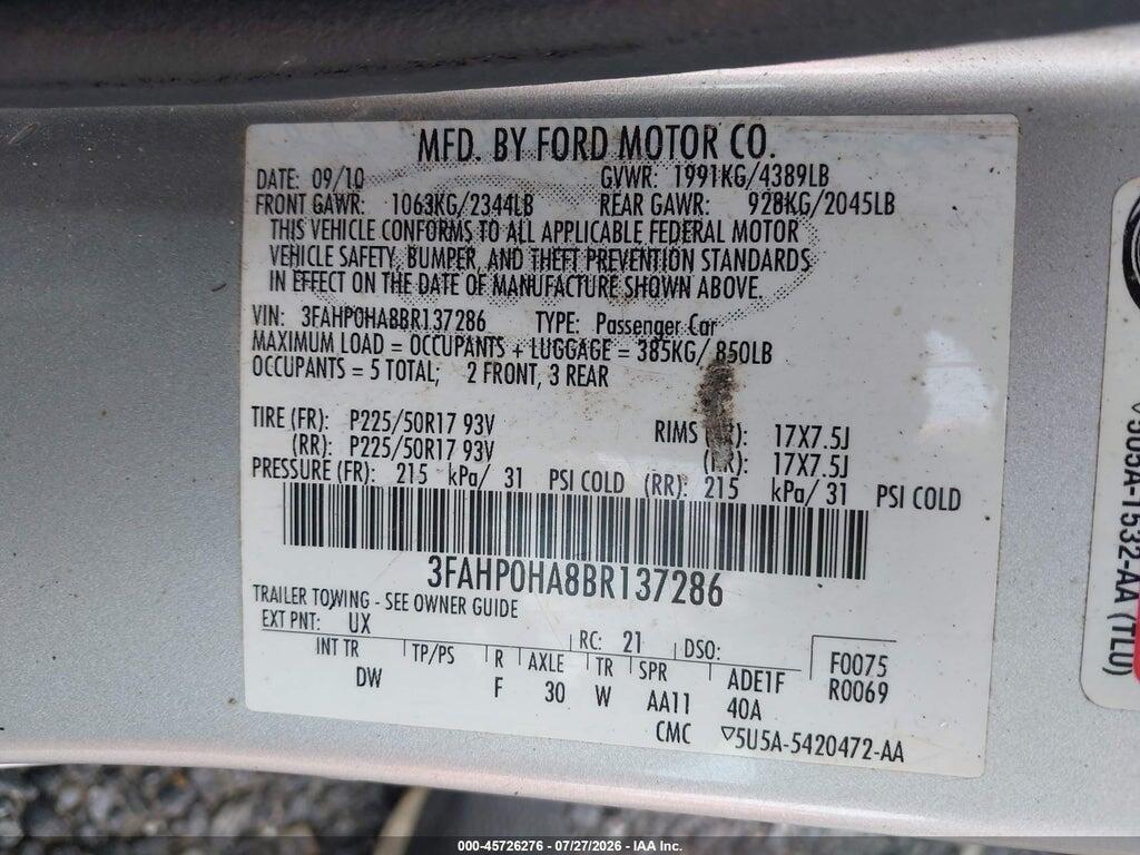 3FAHP0HA8BR137286 2011 FORD FUSION photo no. 9