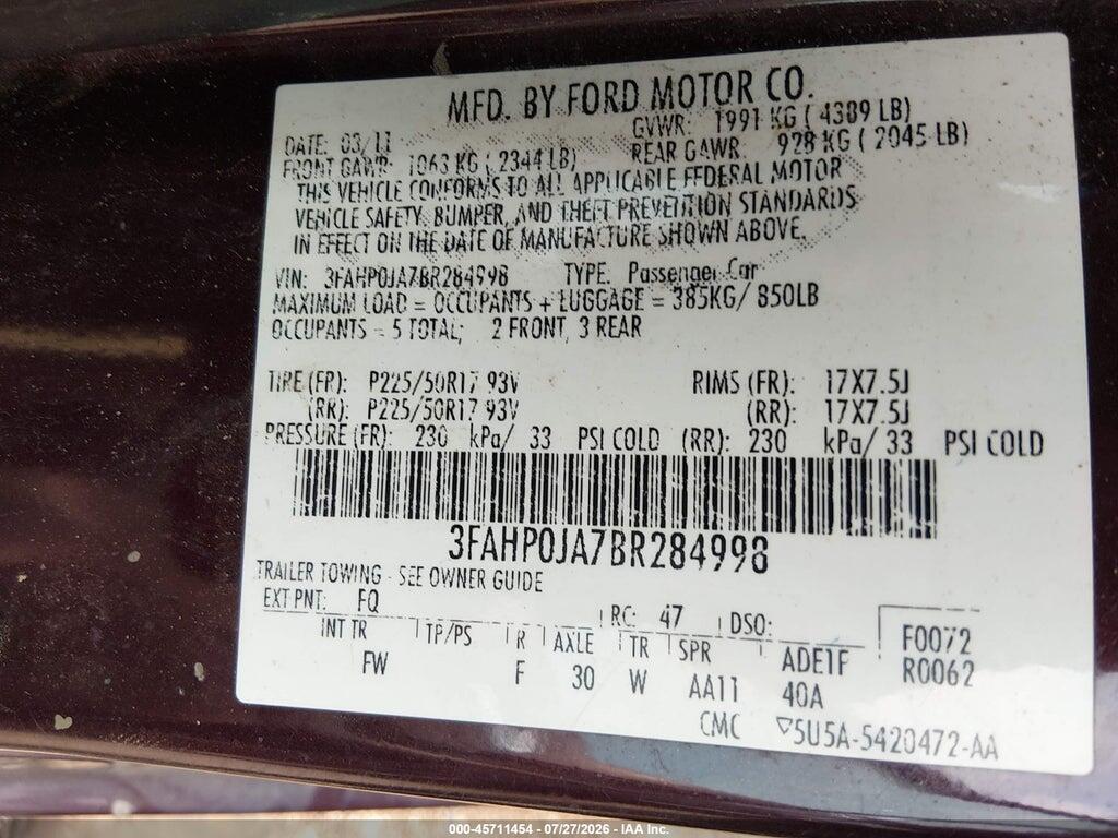 3FAHP0JA7BR284998 2011 FORD FUSION photo no. 9