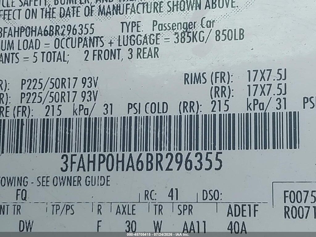 3FAHP0HA6BR296355 2011 FORD FUSION photo no. 9