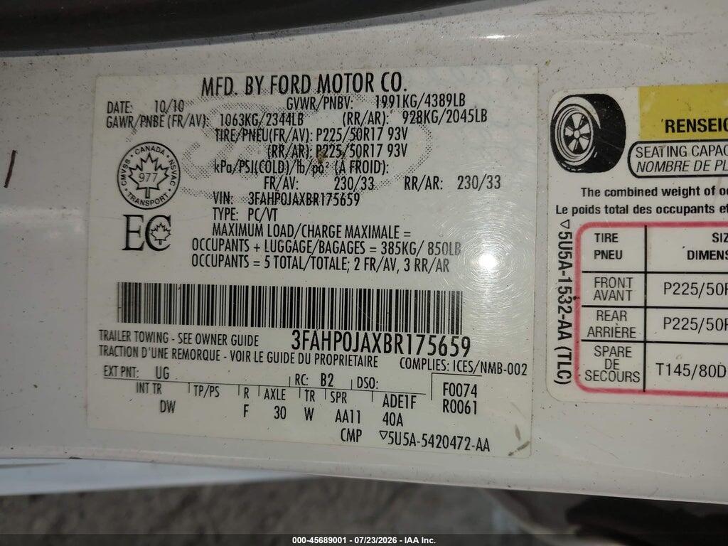 3FAHP0JAXBR175659 2011 FORD FUSION photo no. 9
