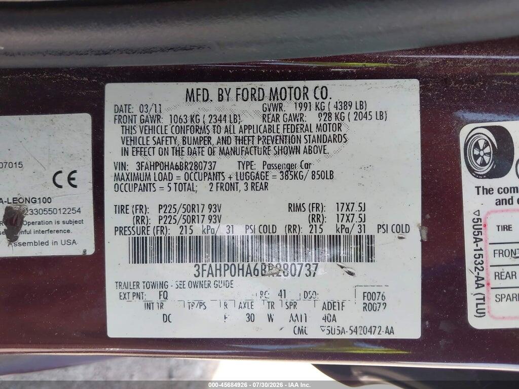 3FAHP0HA6BR280737 2011 FORD FUSION photo no. 9