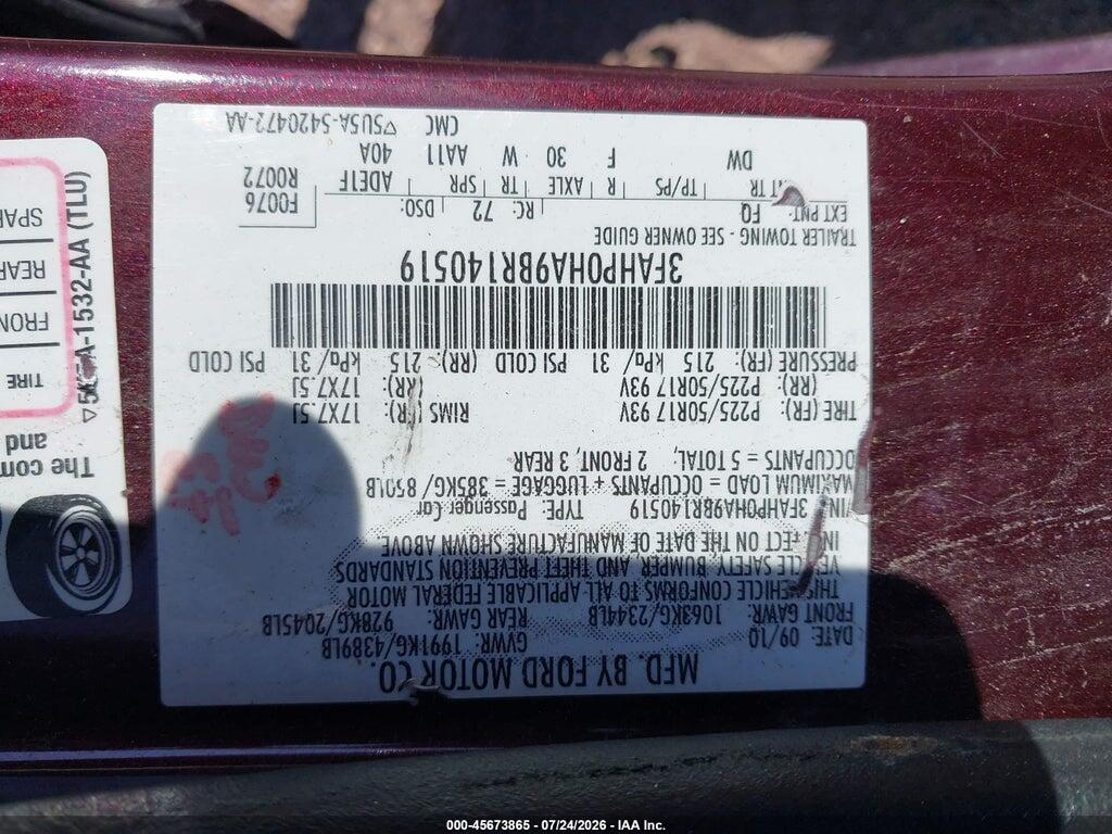 3FAHP0HA9BR140519 2011 FORD FUSION photo no. 9
