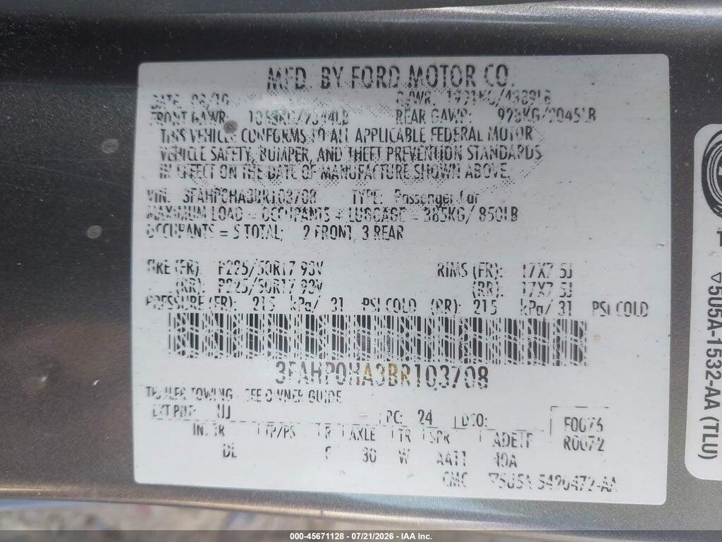 3FAHP0HA3BR103708 2011 FORD FUSION photo no. 9