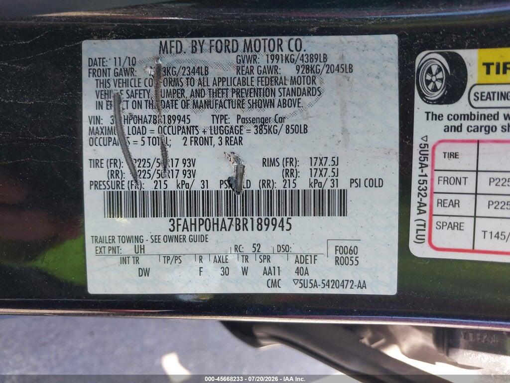 3FAHP0HA7BR189945 2011 FORD FUSION photo no. 9