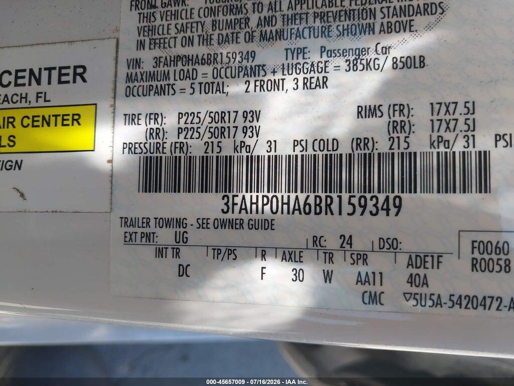 3FAHP0HA6BR159349 2011 FORD FUSION photo no. 9