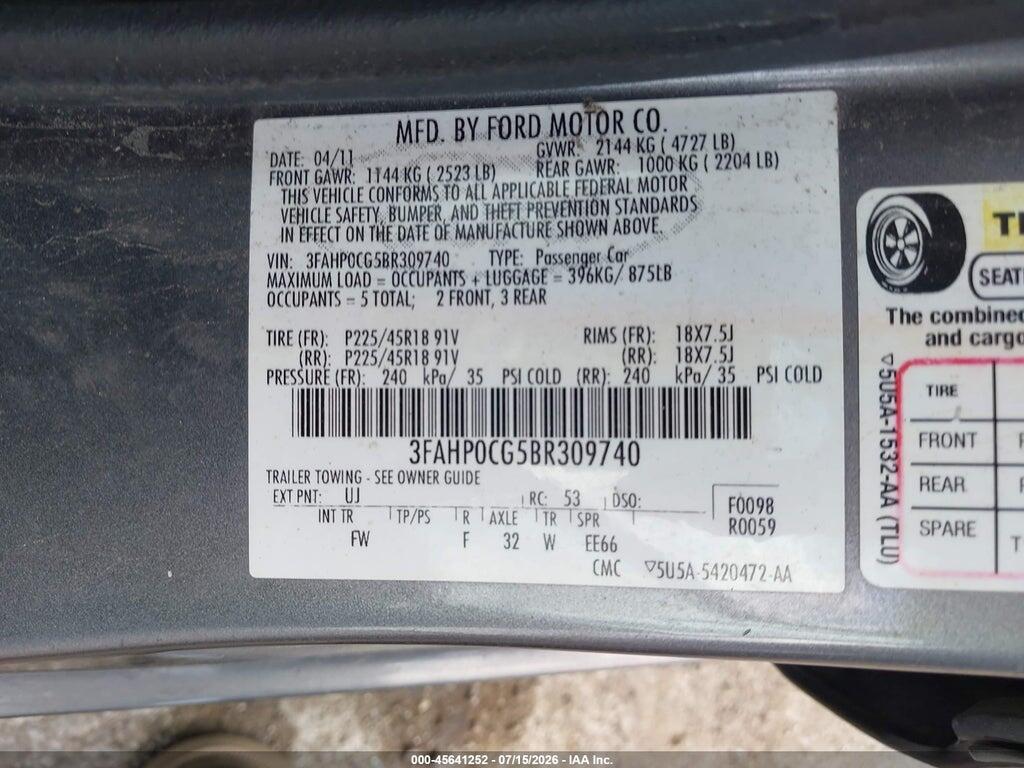 3FAHP0CG5BR309740 2011 FORD FUSION photo no. 9
