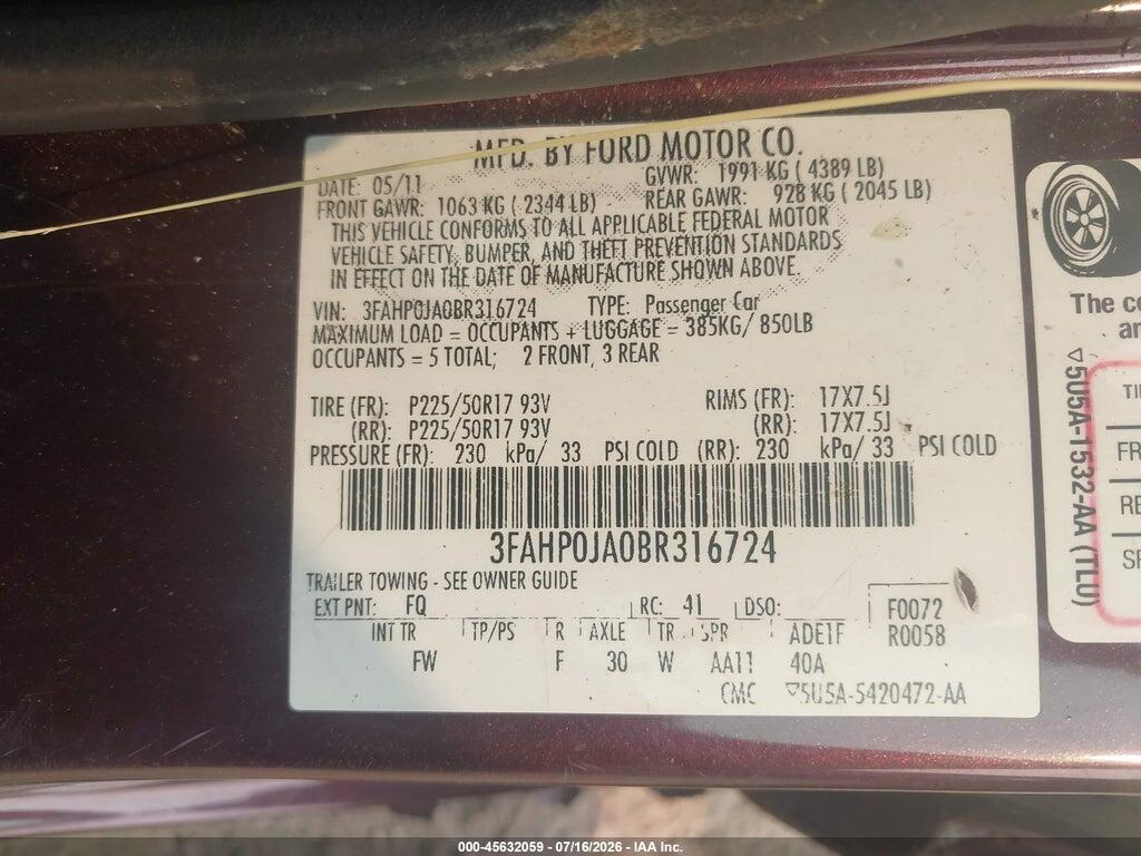 3FAHP0JA0BR316724 2011 FORD FUSION photo no. 9