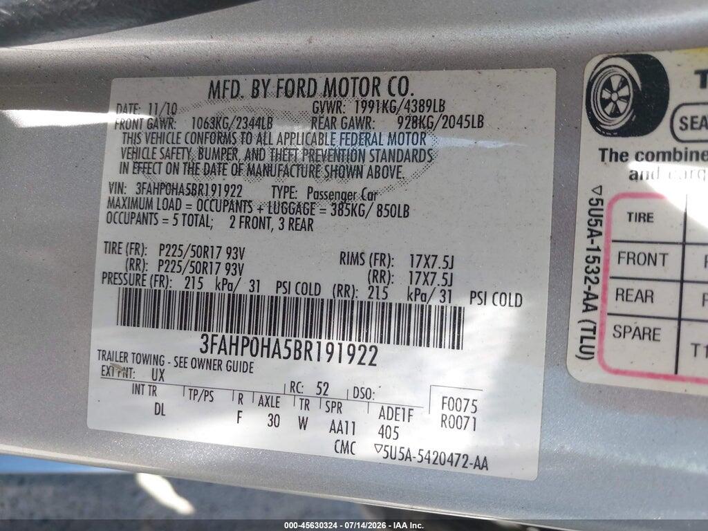3FAHP0HA5BR191922 2011 FORD FUSION photo no. 9