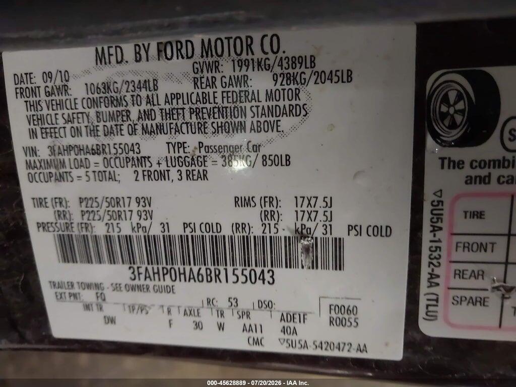 3FAHP0HA6BR155043 2011 FORD FUSION photo no. 9