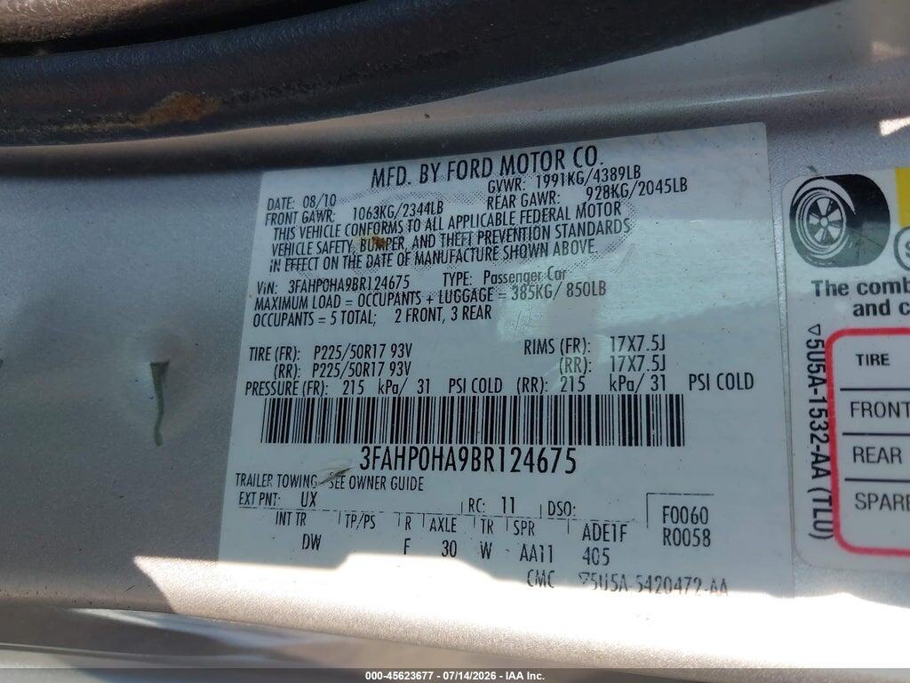 3FAHP0HA9BR124675 2011 FORD FUSION photo no. 9
