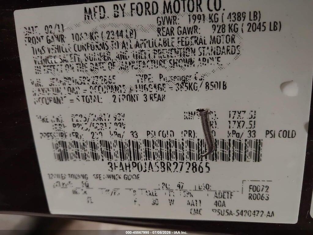 3FAHP0JA5BR272865 2011 FORD FUSION photo no. 9