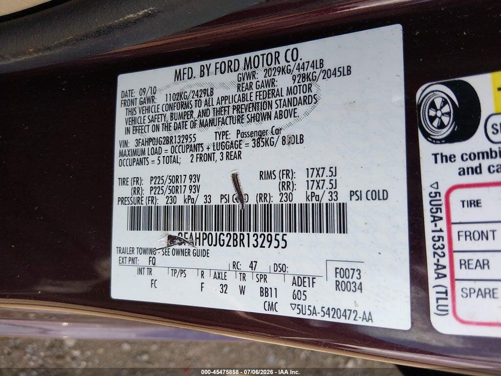 3FAHP0JG2BR132955 2011 FORD FUSION photo no. 9