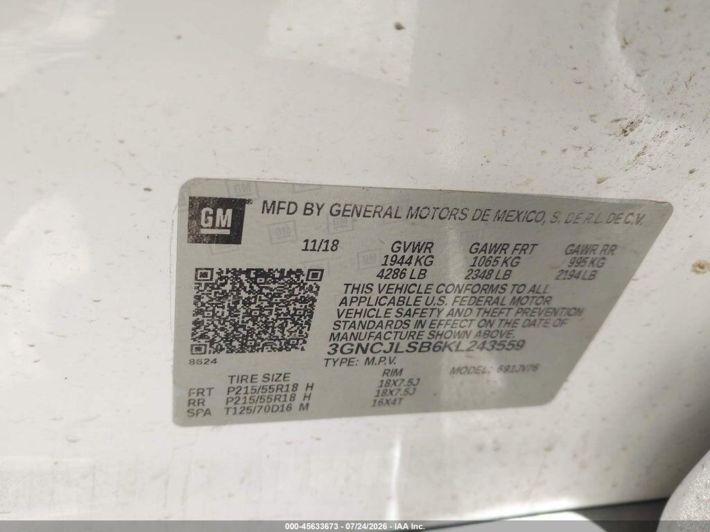 3GNCJLSB6KL243559 2019 CHEVROLET TRAX photo no. 9