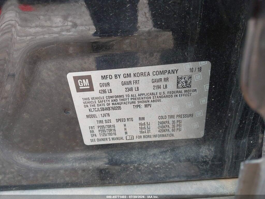 KL7CJLSB4KB760205 2019 CHEVROLET TRAX photo no. 9