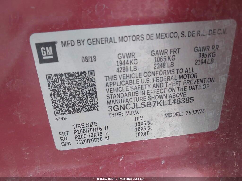 3GNCJLSB7KL146385 2019 CHEVROLET TRAX photo no. 9