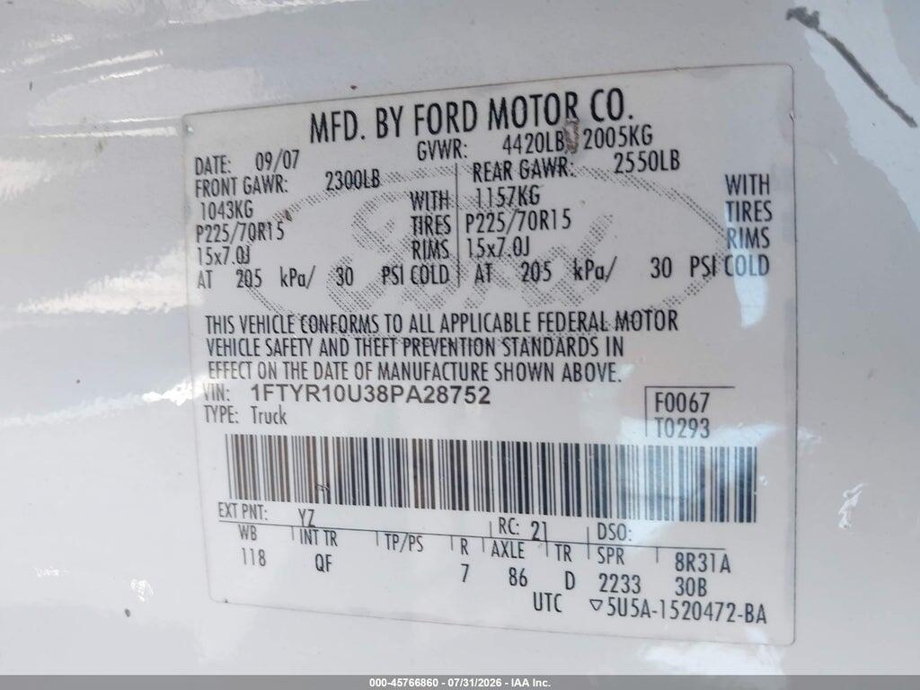 1FTYR10U38PA28752 2008 FORD RANGER photo no. 9