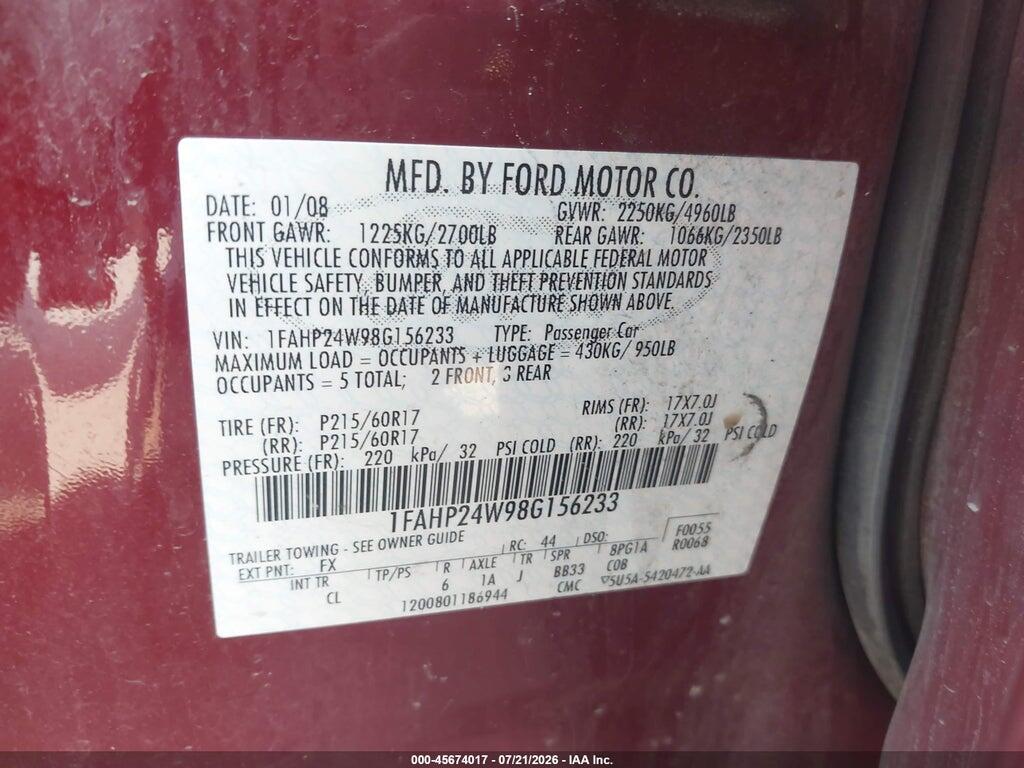 1FAHP24W98G156233 2008 FORD TAURUS photo no. 9