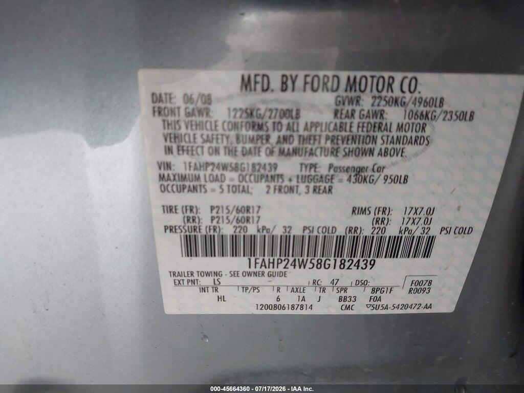 1FAHP24W58G182439 2008 FORD TAURUS photo no. 9