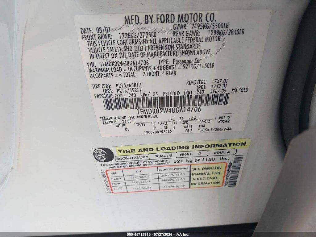 1FMDK02W48GA14706 2008 FORD TAURUS X photo no. 9